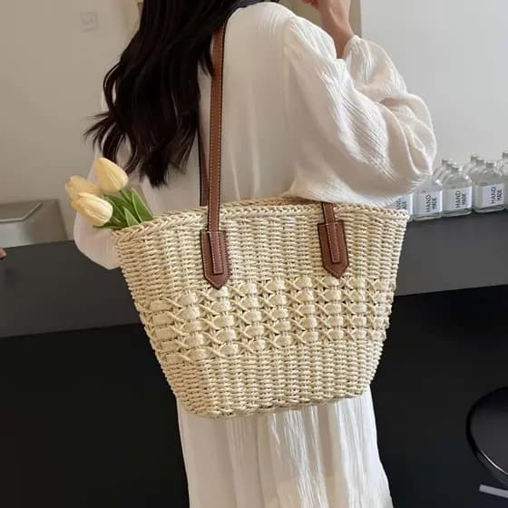 Bolsa de palha de grande capacidade, bolsa de tecido, bolsa de praia para férias de verão, bolsa de ombro portátil 8034