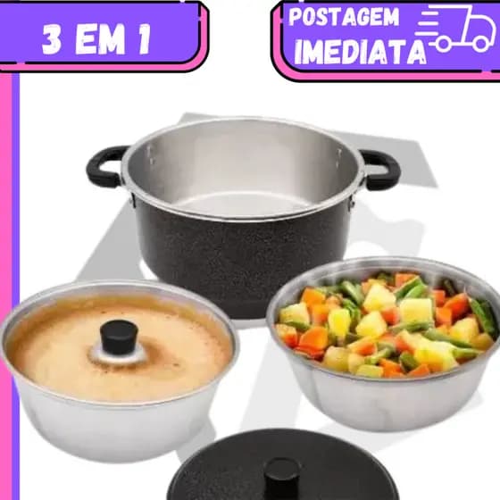 Panela 3 em 1 de alumínio preto craquelado , Cuscuzeira-Pudim-Banho Maria-cozimento de feijão-cozimento de arroz