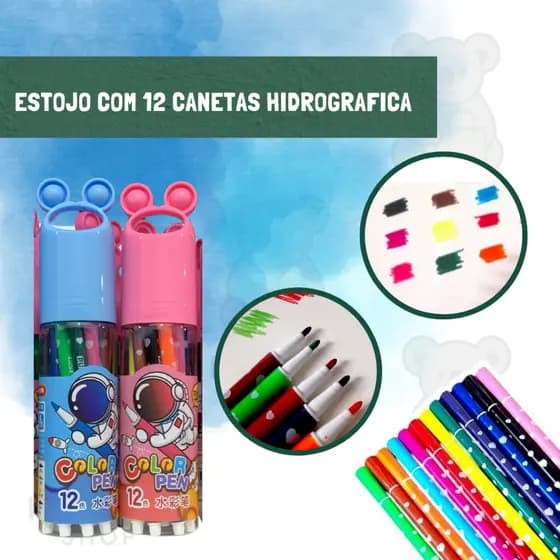 12 Canetinhas Ponta Fina Com Estojo Hidrografica Color Pen Estampa Astronauta ou Tropical