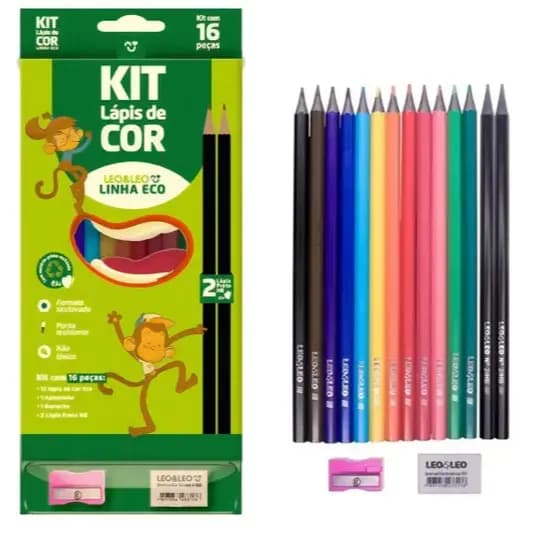 Kit Escolar Lapis De Cor Ecologico 12 Cores 16 Peças papelaria