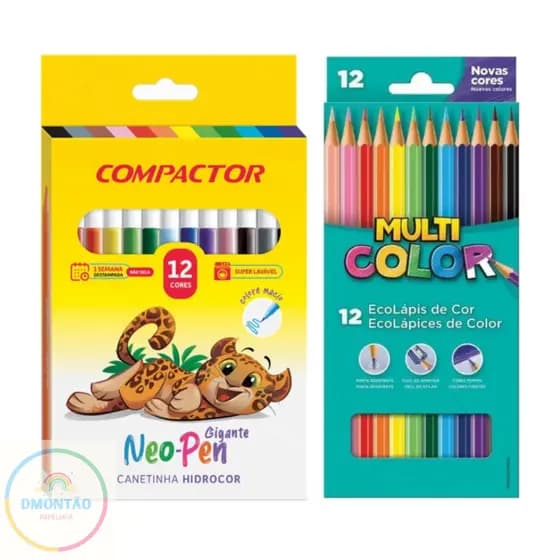 Canetinhas Super Lavável 12 Cores Neo Pen Gigante+Ecolápis Multicolor 12 cores -material escolar-fofa