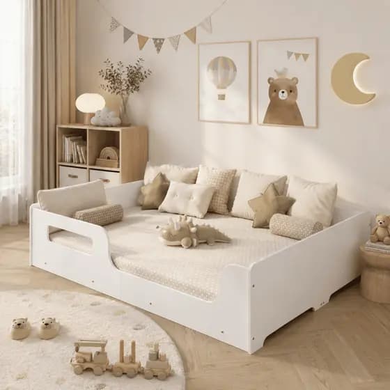 Cama Casal Montessoriana190cm Infantil Com Grade de Proteção Cama de Chão Quarto Montessori Moderna