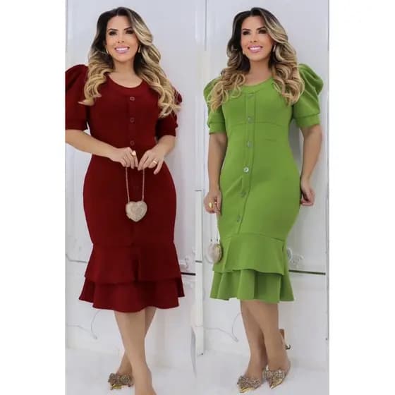 Vestido com manga princesa com detalhes de Botão - Moda Evangélica
