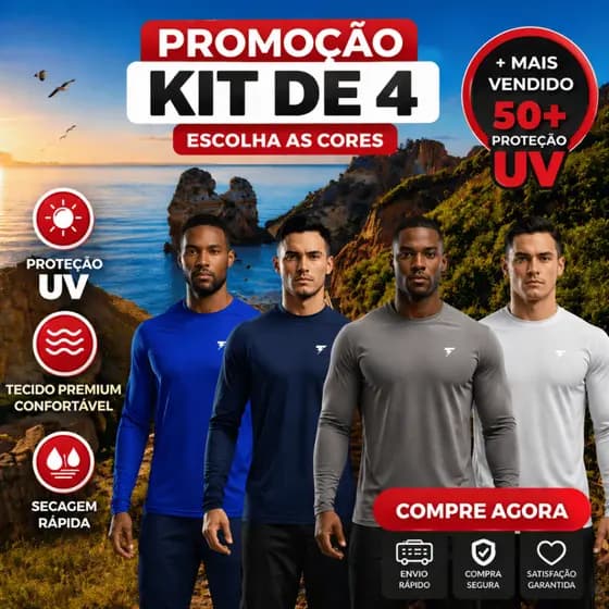 KIT c/4 Blusa Termica Masculina Manga Longa Proteção UV Frio Calor Malha Fria Camisa Fitness Academia Corrida