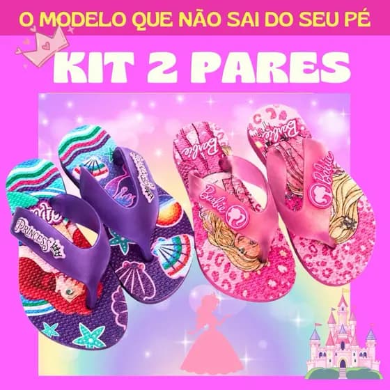 Kit Dois Pares Baribie e Sereia Sandalia Chinelo Infantil Menina Princesas Confortável Antiderrapante Chinelo Presente