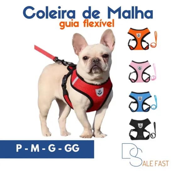 Guia Coleira de Malha Flexível Colete Peitoral Ajustável Cão Cachorro Gato Animais P, M, G e GG