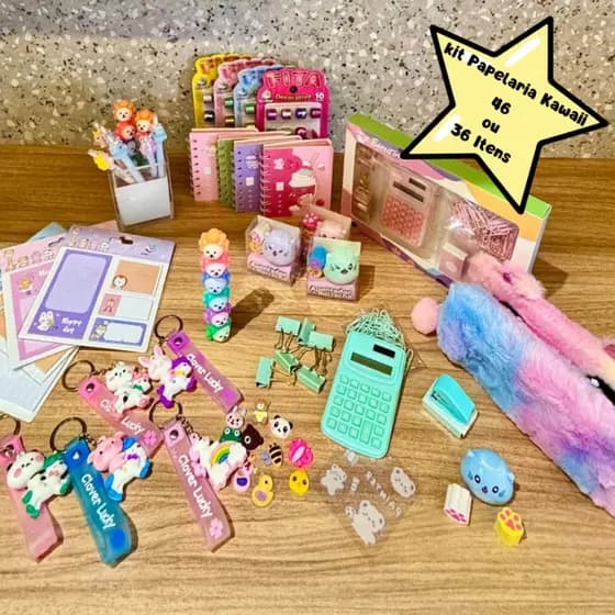 Kit Papelaria Kawaii Fofa 36 Itens Criativos Cute Colors Material Escolar Presente Volta às Aulas Luxo
