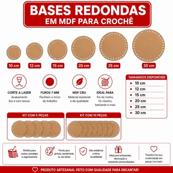 Base Redonda MDF Lisa 5 ou 10 Unidades para Crochê Fio de Malha Cestos e Artesanato
