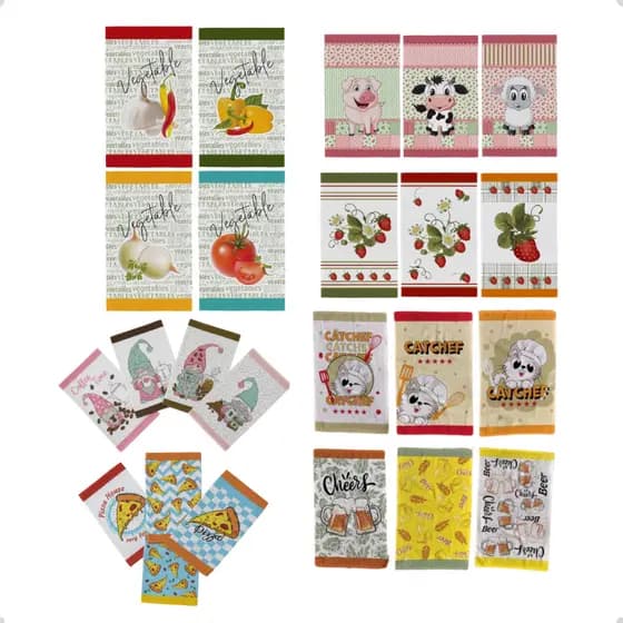 Kit 24 Panos de Prato Felpudos Teka Primore Estampados - Toalhas Cozinha Alta Qualidade Premium