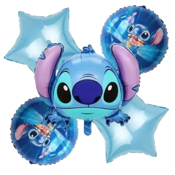 Kit c/5 Balão Metalizado Cabeça Stitch 70cm + Redondo Escuro 45cm+ Estrelas Festa Enfeite Decoração