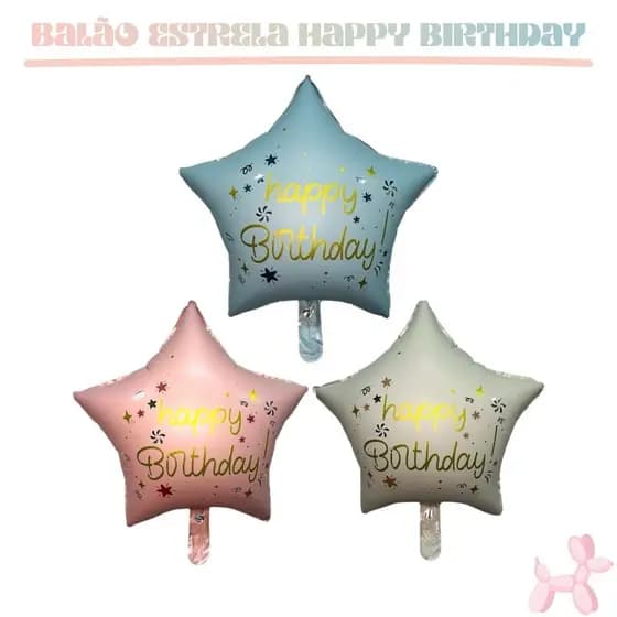 Kit c/12 Misto Balão Metalizado Estrela Happy Birthday 45cm Decoração Enfeite Festa