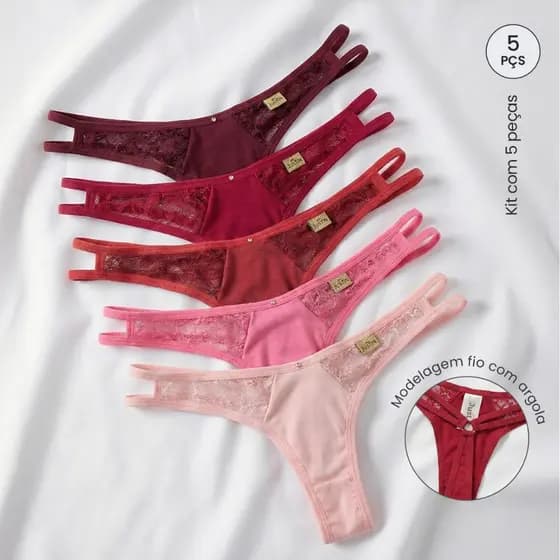 Kit 5 Calcinha Fio Dental Tanga Feminina em Renda e Microfibra Confortável Pingente Moda Intima