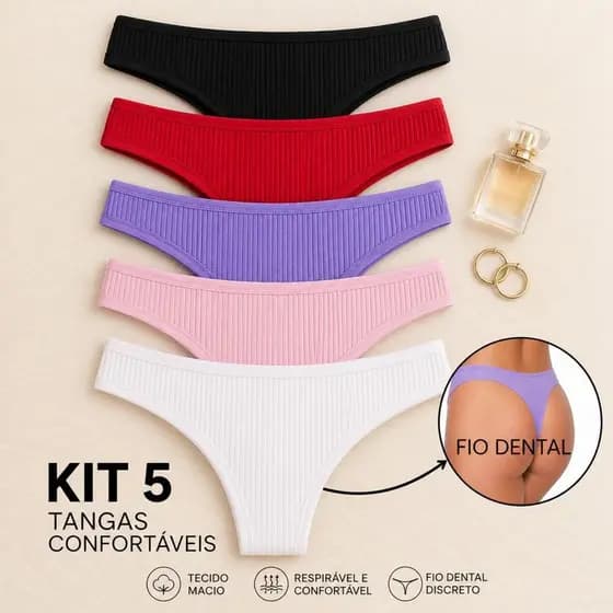 Kit 5 Tangas Fio Caneladas com Forro de Algodão – Conforto, Respirável, Não Marca e Uso Diário