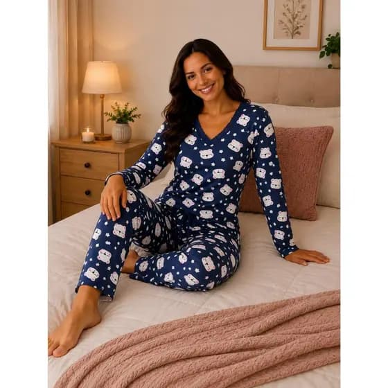 Pijama Feminino Suede Macio Quentinho Manga Longa Inverno Confortável Elegante Roupa de Dormir