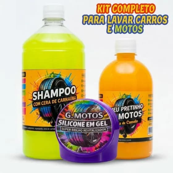 Kit Lavagem Automotiva Carro Moto 1 Shampoo Com Cera 1 LITRO 1 Silicone Em Gel 1 Pneu Pretinho 500ml KIT COMPLETO