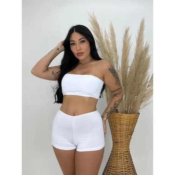 Conjunto Bella Cor Branco Short Cintura Alta Top Faixa Sem Bojo Não Marca Verão Carnaval