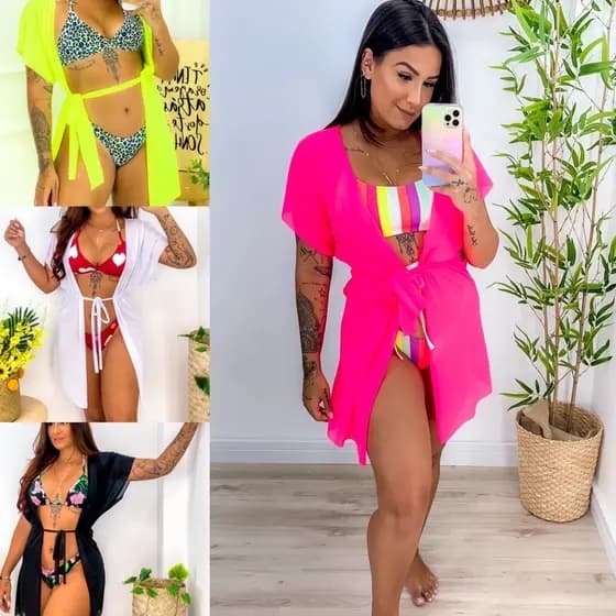 kimono saida de praia levinho curto com cinto de amarrar moda praia envio imediato