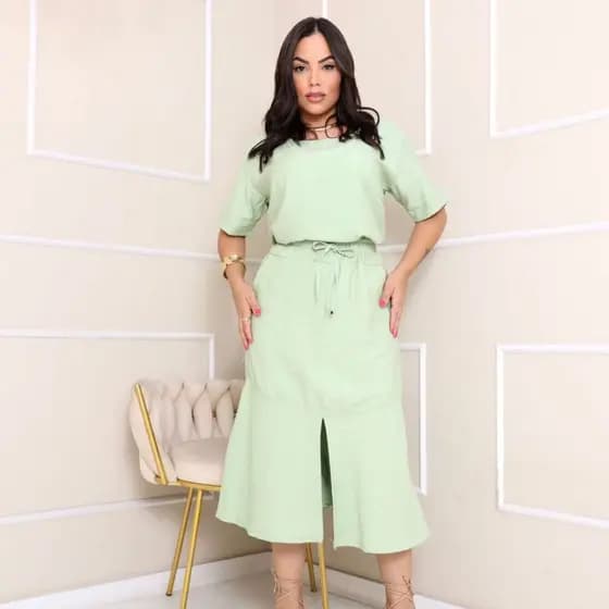 Conjunto marrant feminino saia midi evase bolsos e fenda frontal blusa de manga curta moda evangélica