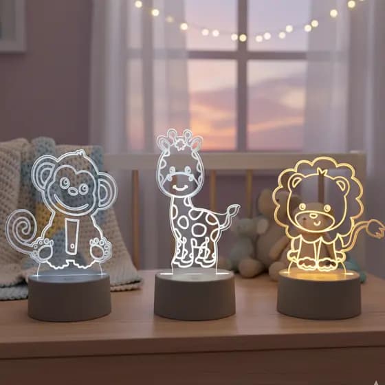 Luminárias 3D Led Infantil Animal Leao Macaco Girafa Abajur de Mesa Safari Varias Cores Decoraçao