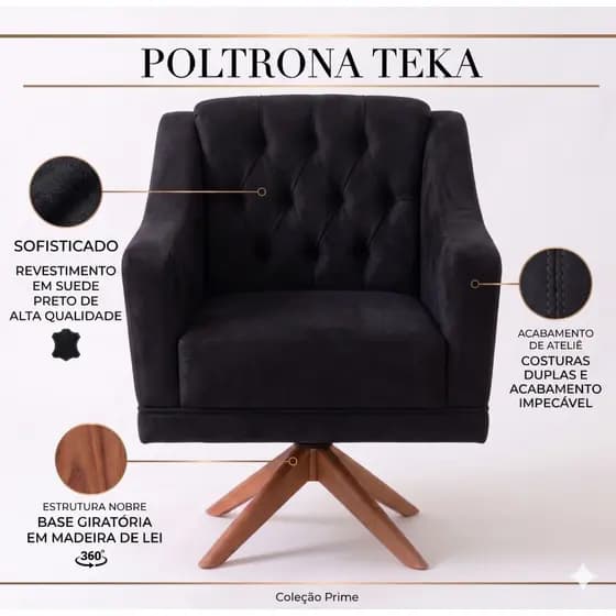 Kit 2 Poltronas Decorativas Teka Giratórias Suede Preto Moderna