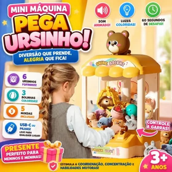 Mini Máquina de Pegar Ursinhos Infantil com Garra Som e Pelúcias