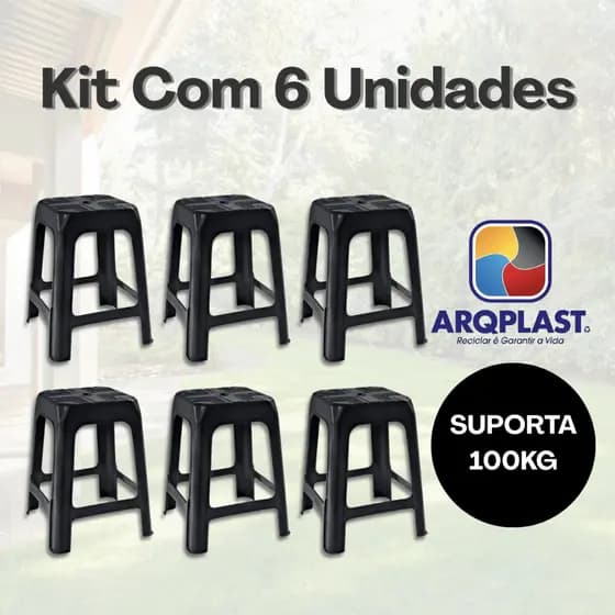 Kit Jogo De 6 Banquetas Banco Banquinho 100Kg Plástico Preto Arqplast Bar Festa Comércio Lanchonete
