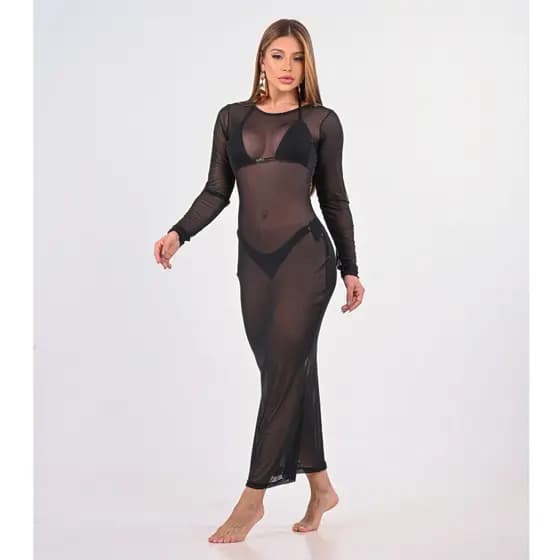 Saida de Praia Vestido Longo Luxo Moda Praia e Verão Feminino Transparente Manga Longa Premium