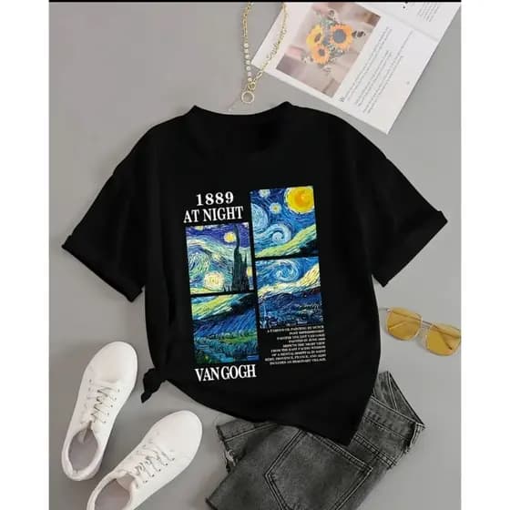Camiseta Feminina Van Gogh Noite Estrelada Estampada Estilosa