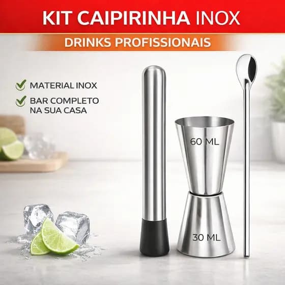 Kit Caipirinha Inox com Dosador Socador e Colher Bailarina– Para Preparar Drinks