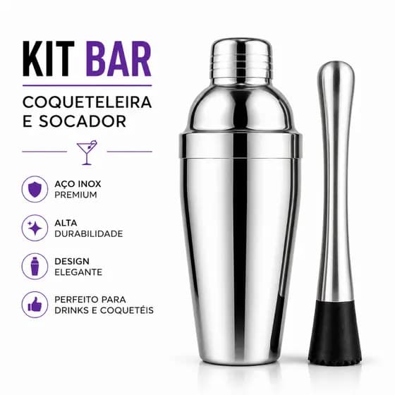 Kit Coqueteleira com Socador Inox - Drinks - Caipirinhas e Coquetéis em Casa ou Bar - Profissional