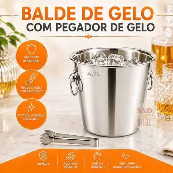 Balde de Gelo 4,7L com Pegador Inox – Conserva Gelo e Bebidas - Ideal para Festa - Bar e Churrasco
