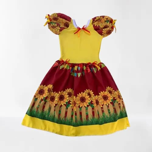 VESTIDO CAIPIRA FESTA JUNINA INFANTIL GIRASSOL FLORIDO TECIDO LEVE ARRAÍA SÃO JOÃO QUADRILHA