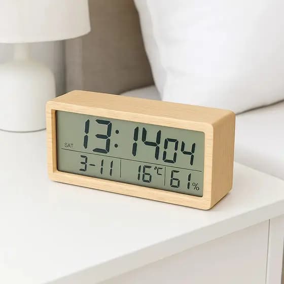Relógio Digital de Bambu com Alarme, Temperatura e Umidade