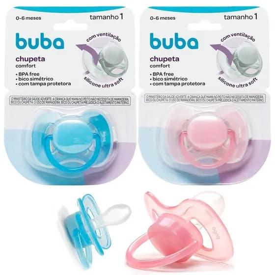 Chupeta Silicone Confort Ultra Soft +0 Meses Tamanho 1 e 2 Recém Nascido Bebe Bico Azul e Rosa Buba
