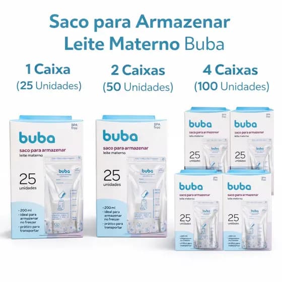 Saco para Armazenar e Congelar Leite Materno Buba Kits 25, 50 ou 100 Unidades Descartável Saquinhos