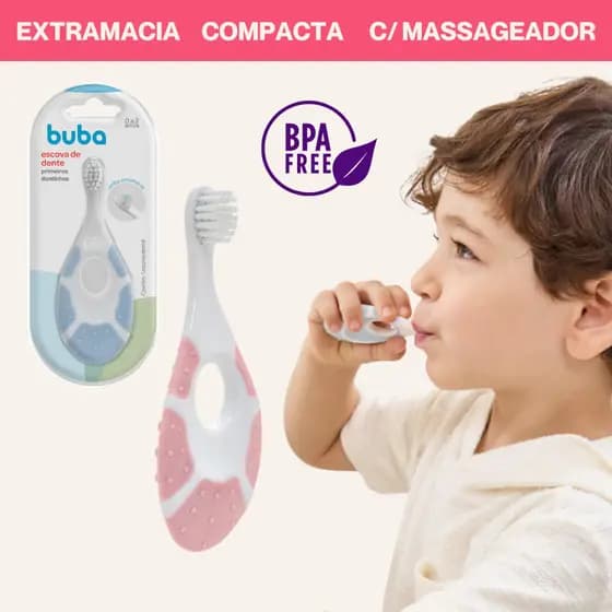 Escova de Dente Primeiros Dentinhos Extramacia Oval Massageador Gengiva Rosa Azul Buba