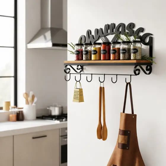 Prateleira Rústica 60cm Ferro e Madeira para Área Gourmet, Churrasqueira e Cozinha