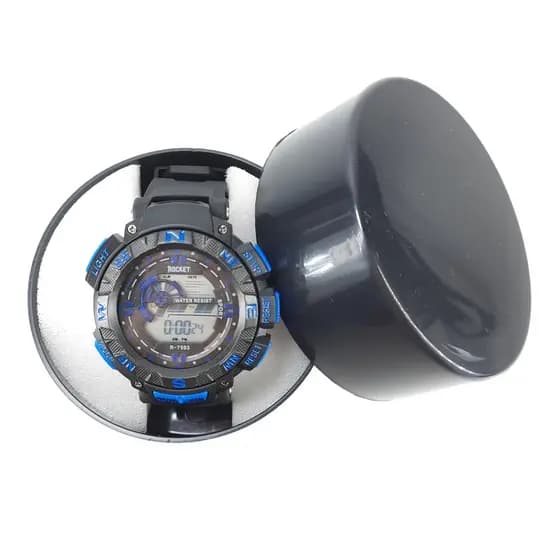 Relógio Masculino Esportivo Digital À Prova De Água 3 ATM Luz Metal Borracha Azul Quartz Cores Modelo Rocket R-7593 com caixa Amor Lindo