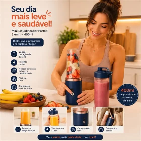 Azul - Mini Processador Liquidificador Portátil 400ml