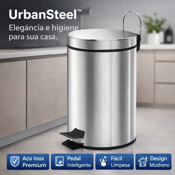 Lixeira Inox 12L com Pedal UrbanSteeL Lixeira de Aço Inox Premium para Banheiro Cozinha e Escritório