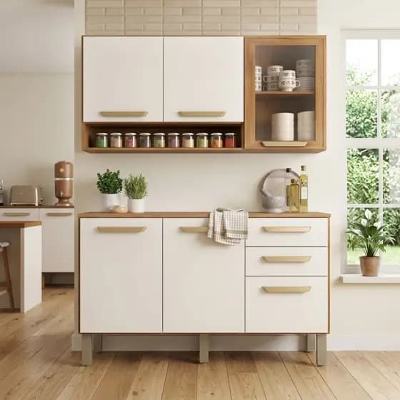 Cozinha Compacta Athenas Balcão e Aéreo Condimentos 5 Portas 2 Gavetas e Porta de Vidro