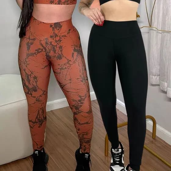 Calça Leg Fitness Academia Preta e Estampada Cós Alto Costura Reforçada