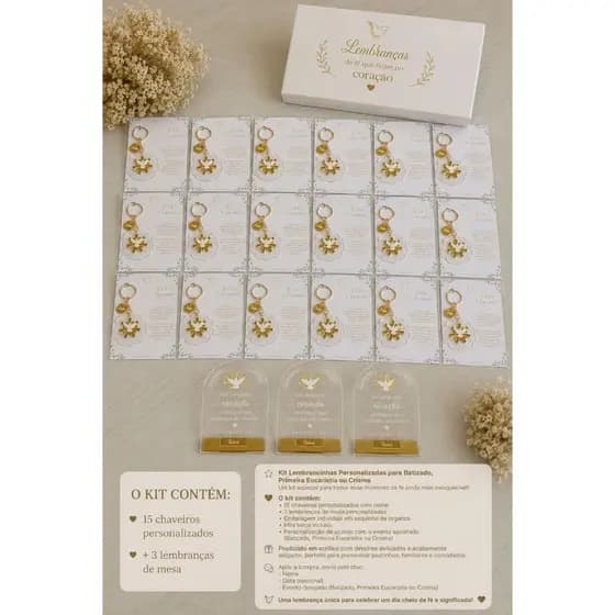 Kit Lembrancinhas Personalizadas para Batizado, Primeira Eucaristia ou Crisma /15 CHAVEIROS + 3 LEMBRANÇAS DE MESA.