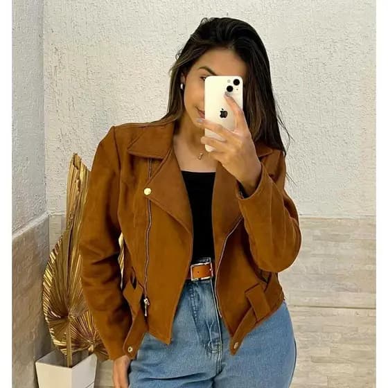 Jaqueta suede feminina de frio/ casaco blusa com ziper e botões
