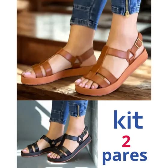 Kit Sandalias Femininas 2 Pares Salto Baixo Anatômica Ortopédica rasteirinha