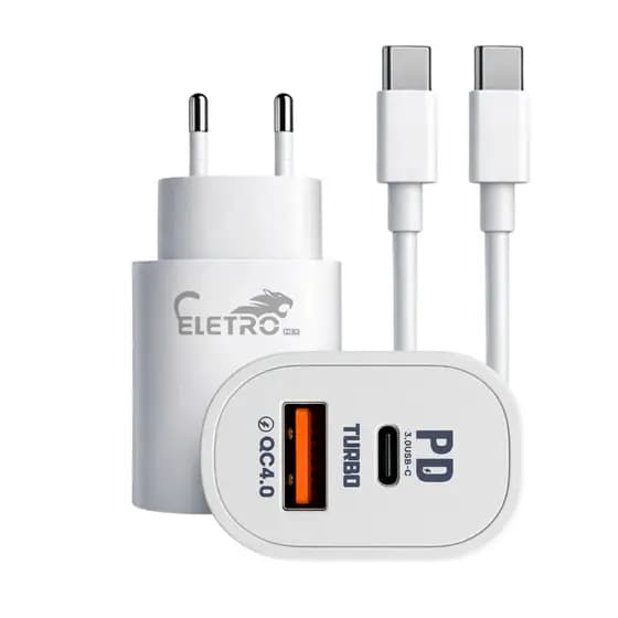 Carregador Completo Turbo 40W 9.1A Dual USB / Tipo-C e Cabo Tipo-C Eletromex EL-4016-CC