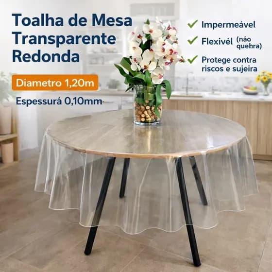 Toalha De Mesa Redonda Plástico Transparente 1,20m Diâmetro