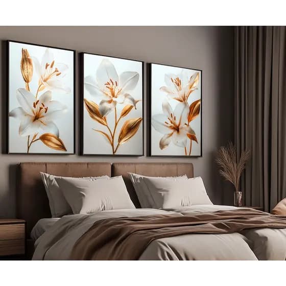 Quadro Decorativo Sala Quarto Flor Flores Dourada Pétalas Branca Luxo