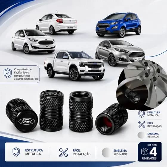 Kit 4 Tampas Bico de Pneu Universal Para Veiculos Ford New Fiesta, Ford Ka, Eco sport, Ford Ranger