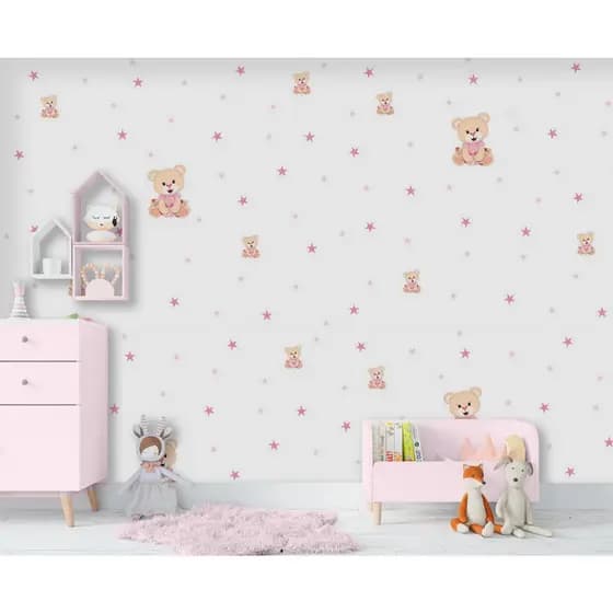 Adesivo Decorativo De Parede Quarto Menina Ursinha Ursa Rosa Estrelas Autoadesivo